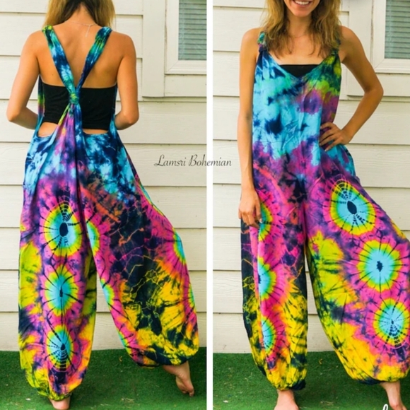 Hand Dyed Bohemian Hippie Tie-Dye Harem Jumpsuit. Multi. O/S NWT - Picture 1 of 15
